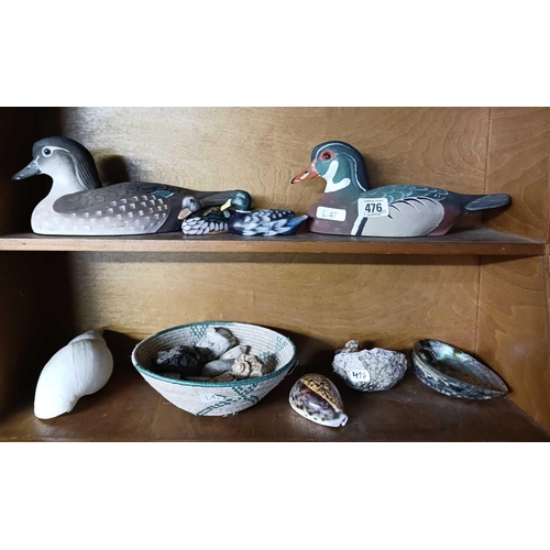 476 - SHELF OF FLYING DUCKS & SHELLS