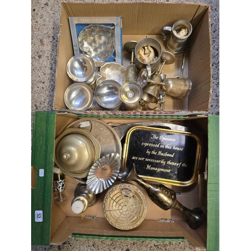 53 - 2 CARTONS OF MIXED METALWARE INCL; FRUIT DISHES, GOBLETS, TANKARDS & OTHER METALWARE