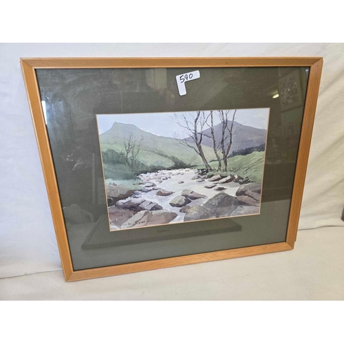 590 - 4 F/G WATERCOLOURS OF VARIOUS, A MOUNTAIN SCENE, A STREAM, 33 ARE MOUNTAIN SCENES & A STREAM WITH A ... 