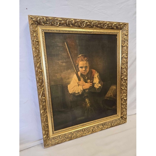 607 - GILT FRAMED PAINTING ON BOARD OF COCKERELS & CHICKENS & A GILT FRAMED CANVAS PAINTING OF A YOUNG BOY