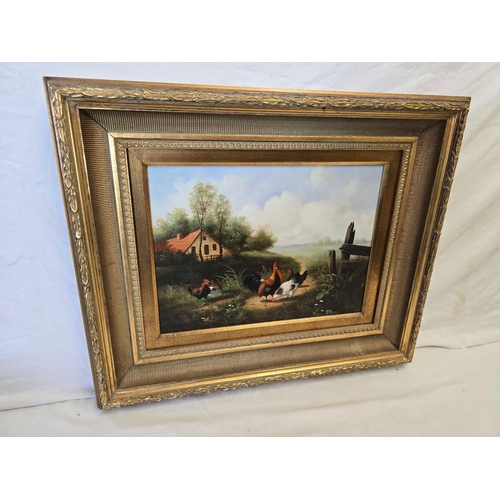 607 - GILT FRAMED PAINTING ON BOARD OF COCKERELS & CHICKENS & A GILT FRAMED CANVAS PAINTING OF A YOUNG BOY