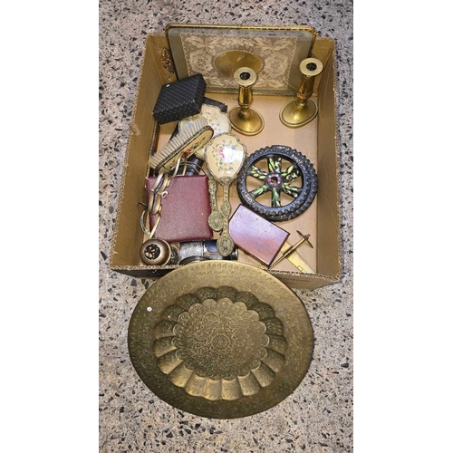 63 - CARTON WITH BRASS TRAY, HAIR BRUSH SET, METAL WHEELS, BRASS CANDLESTICKS & OTHER BRIC-A-BRAC