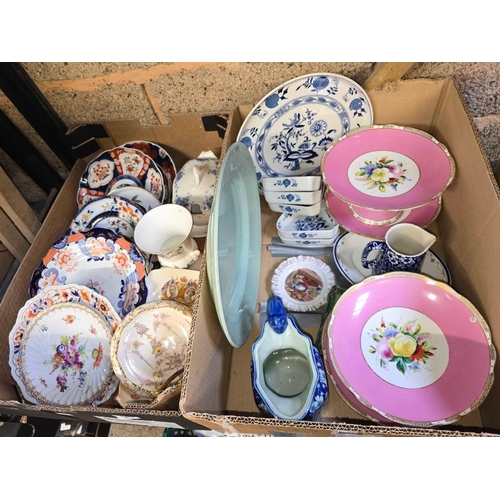 64 - 2 CARTONS OF MISC CHINA ITEMS INCL; ORIENTAL STYLE PLATES, NIBBLES PLATE WITH DISHES, 4 PINK CHINA T... 