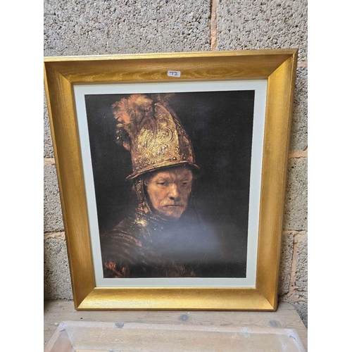 72 - MISC F/G PICTURES INCL; GILT FRAME PICTURE OF 'THE MAN IN THE GOLDEN HELMET' & AN OIL ON BOARD OF A ... 