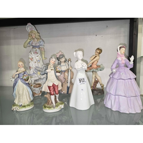 917 - SHELF OF MISC FIGURINES, 1 BY NAO, COALPORT & ROYAL WORCESTER