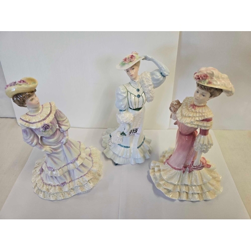 919 - 3 COALPORT FIGURES, GEORGINA, BEATRICE AT THE GARDEN PARTY & LOUISA AT ASCOT