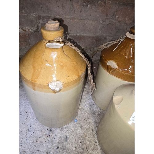 96 - STONE GLAZED FLAGON'S (3) IN A/F CONDITION, HANDLES BROKEN & A GLASS MISTRY