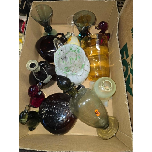 103 - CARTON WITH MISC GLASSWARE INCL; DECANTER BOTTLES & 3 WHITE FRIARS GLASS DUCKS