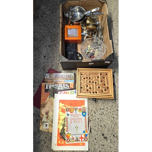 109 - CARTON WITH MISC SAUCEPANS, CUTLERY, GLASS BOWL, A ROLLER BALL GAME & OTHER BRIC-A-BRAC