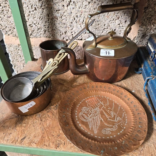 11 - SET OF SMALL GRADUATED COPPER & BRASS SAUCE PANS & OTHER COPPERWARE