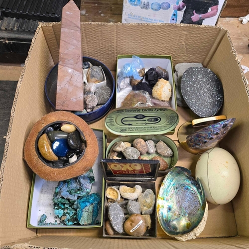 138 - CARTON WITH QTY OF MISC ROCK SAMPLES, AN OSTRICH EGG & OTHER STONES