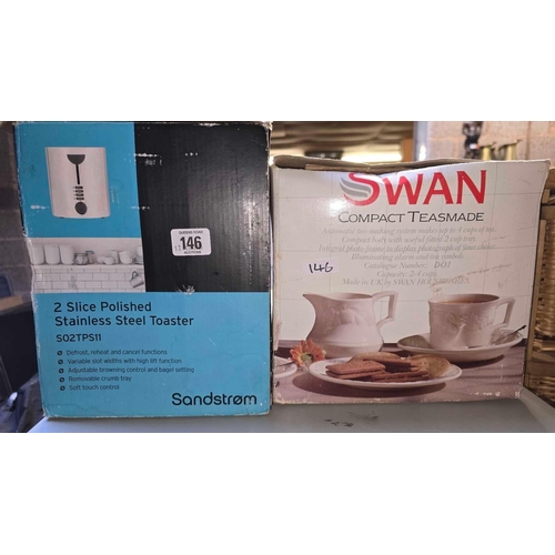 146 - 2 SLICE POLISHED STAINLESS STEEL TOASTER & A SWAN COMPACT TEASMADE