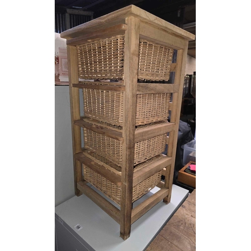 147 - WOOD STORAGE UNIT WITH 4 WICKER STORAGE BASKETS