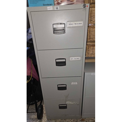 148 - GREY METAL 4 DRAWER FILING CABINET WITH KEY