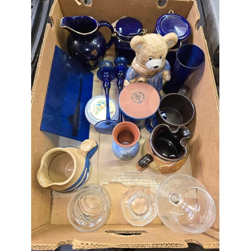 160 - CARTON OF MISC EARTHENWARE GLAZED JUGS, GLASSWARE, BLUE STORAGE JARS & A CHINA TEDDY BEAR