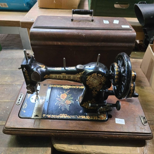 170 - JONES HAND CRANKED SEWING MACHINE WITH CASE