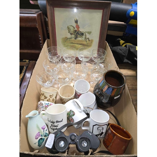 172 - CARTON WITH MISC GLASSES, MUGS, PICTURE, PAIR OF BINOCULARS & A VASE