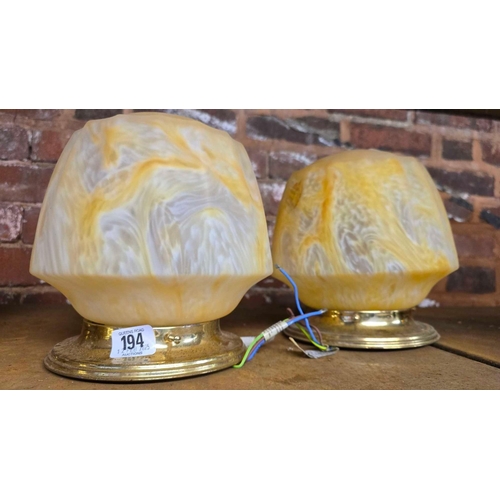 194 - 2 MOTTLED YELLOW ART DECO CEILING LIGHTS