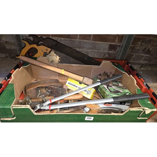 200 - CARTON OF MISC HAND TOOLS INCL; AN AXE, BRANCH LOPPER, CHISELS