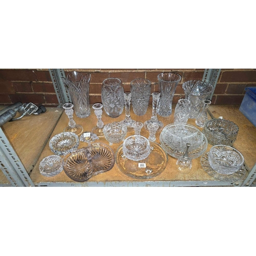 201 - SHELF OF MISC CUT GLASS INCL; VASES, CANDLESTICKS