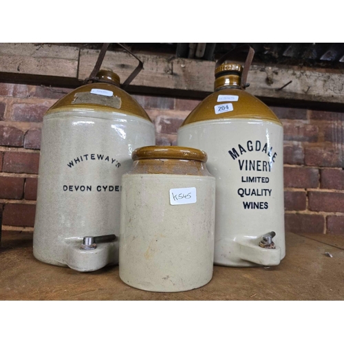 204 - 2 STONEWARE FLAGON'S WITH SPIGOTS, 1 FROM WHITEWAYS DEVON CIDER & MAGDALE VINERY & A STONE GLAZED JA... 