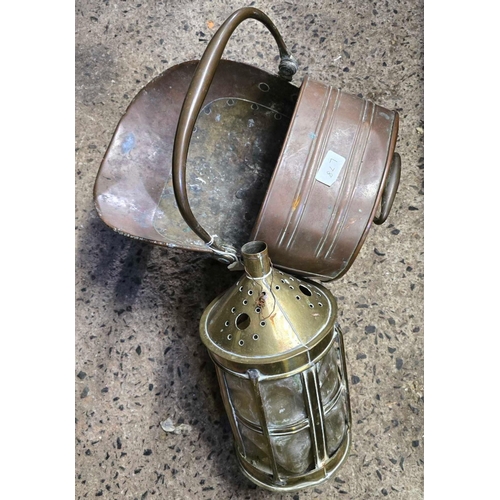 206 - COPPER COAL SCUTTLE & A BRASS CANDLE HOLDER LAMP