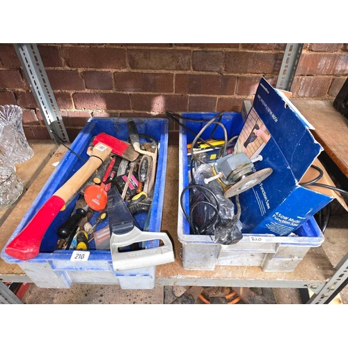 210 - 2 CARTONS OF MISC HAND TOOLS, INCL; AN AXE, ANGLE GRINDER, MULTI FUNCTION ELECTRIC SAW & A JIG SAW