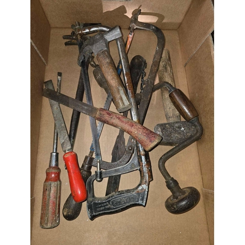 215 - CARTON OF MISC TOOLS, HACK SAWS, HAMMERS