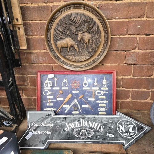 217 - F/G PICTURE OF KNOTS, CARVED WOODEN WALL PLAQUE & A MODERN METAL JACK DANIELS SIGN