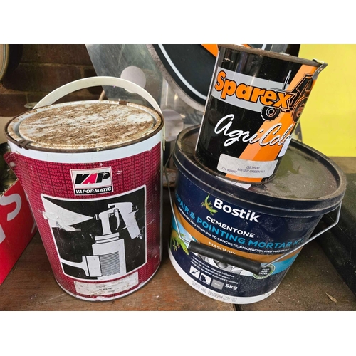 227 - 5 LITRES OF GREY PAINT, A LITRE OF LISTER GREEN & A TUB OF BOSTIK MASONRY MORTAR