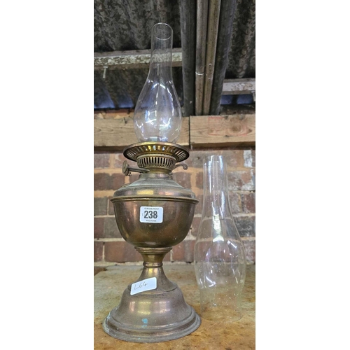 238 - BRASS 2 BURNER OIL LAMP WITH 2 GLASS CHIMNEY'S