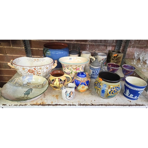 240 - SHELF OF MISC CHINA INCL; BEER STEINS, VASES & A ROYAL DOULTON DICKENS WARE BOWL MR MICAWBER IN A/F ... 