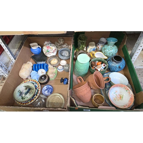 244 - 2 CARTONS OF MIXED CHINA INCL; BOWLS & VASES & 2 EARTHENWARE WALL POCKETS