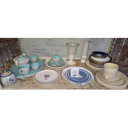 251 - SHELF WITH MISC POOLE POTTERY, WEDGWOOD, & AYNSLEY CHINAWARE