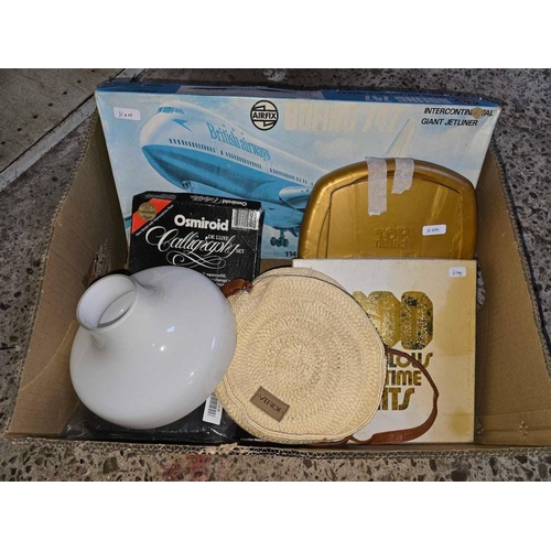 254 - CARTON WITH AN AIR-FIX BOEING 747 MODEL KIT, CALLIGRAPHY SET, WHITE GLASS OIL LAMP SHADE, BAG WITH S... 