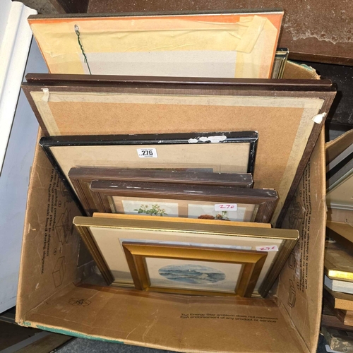 276 - BOX CONTAINING A QUANTITY OF VARIOUS PICTURES INCL WATERCOLOUR, PRINTS AND ENGRAVINGS, BOTANICAL STU... 