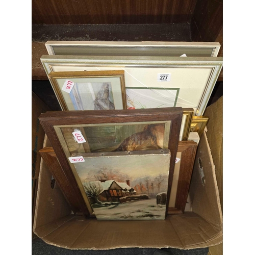 277 - BOX CONTAINING A QUANTITY OF PICTURES INCLUDING OIL PAINTINGS, PEARS PRINTS, WATERCOLOURS ETC