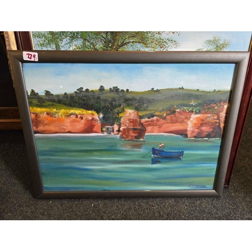 279 - THREE OIL PAINTINGS. RIVER AND COASTAL SUBJECTS. ONE IN A GOOD DECORATIVE ANTIQUE STYLE GILT FRAME	2... 