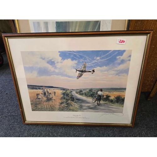 280 - 3 PENCIL SIGNED COLOUR PRINTS. TWO OF BATTLE OF BRITAIN SCENES INCLUDING SPITFIRES AND A LIMITED EDI... 