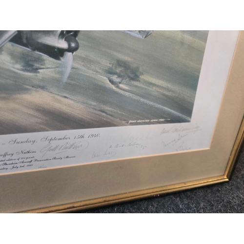 280 - 3 PENCIL SIGNED COLOUR PRINTS. TWO OF BATTLE OF BRITAIN SCENES INCLUDING SPITFIRES AND A LIMITED EDI... 