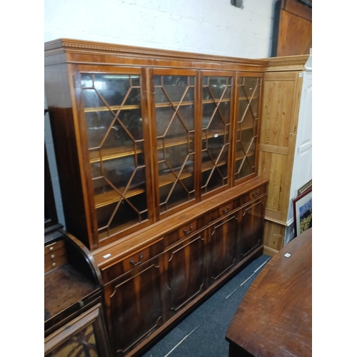 289 - YEW WOOD LARGE GLAZED DISPLAY UNIT 70'' HIGH X 77'' WIDE X 16'' DEPTH