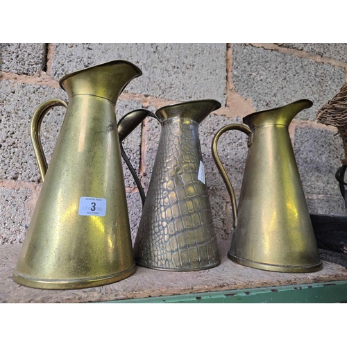 3 - 3 BRASS JUGS, ONE WITH HAMMERED EFFECT