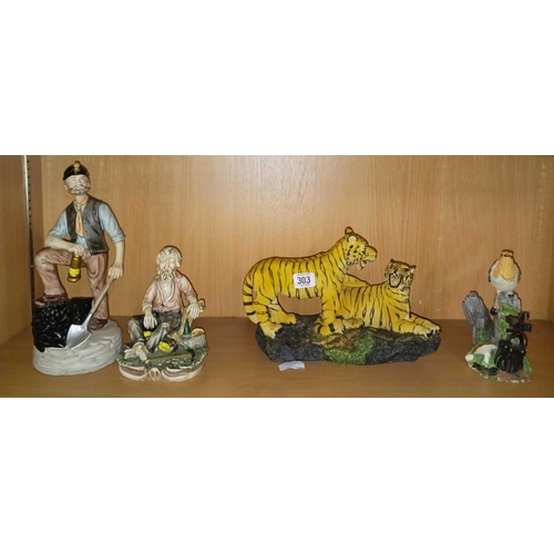 303 - PAIR OF CAPO DE MONTE STYLE FIGURES OF 2 GENTLEMEN, FIGURES OF TIGERS & A FIGURE OF A ROBIN