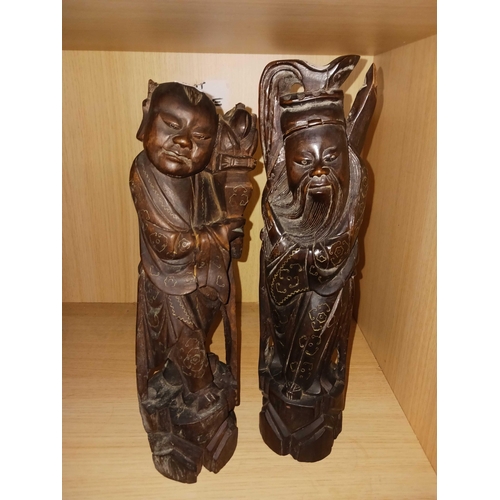 319 - 2 CHINESE WOOD GODS FIGURES WITH SILVER INLAY