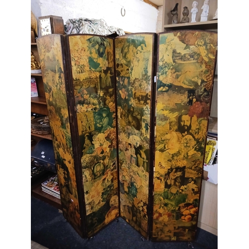 322 - A FOUR FOLD SCREEN, 1 SIDE LEATHER THE OTHER DECORATED