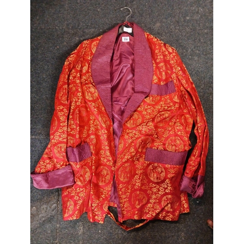 356 - RED SILK ORIENTAL SMOKING JACKET, SIZE UNKNOWN