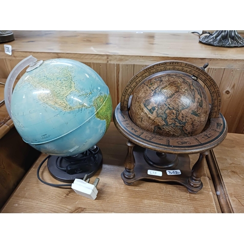 362 - ILLUMINATED ELECTRIC GLOBE & A GLOBE IN THE HOLDER, MINIATURE ONES