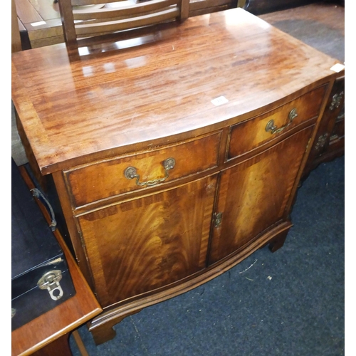 388 - FLAME VENEERED BOW FRONT CABINET WITH 2 DRAWERS