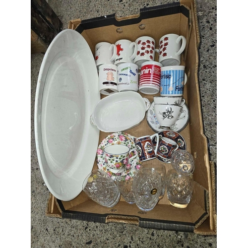 41 - CARTON OF CHINA INCL; A MEAT PLATE, MUGS & A SET OF CRYSTAL TUMBLERS & OTHER CHINA