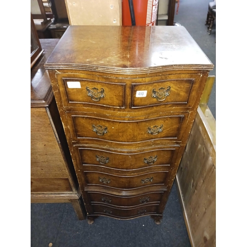 410 - MAHOGANY SERPENTINE FRONT NARROW CHEST OF 6 DRAWERS